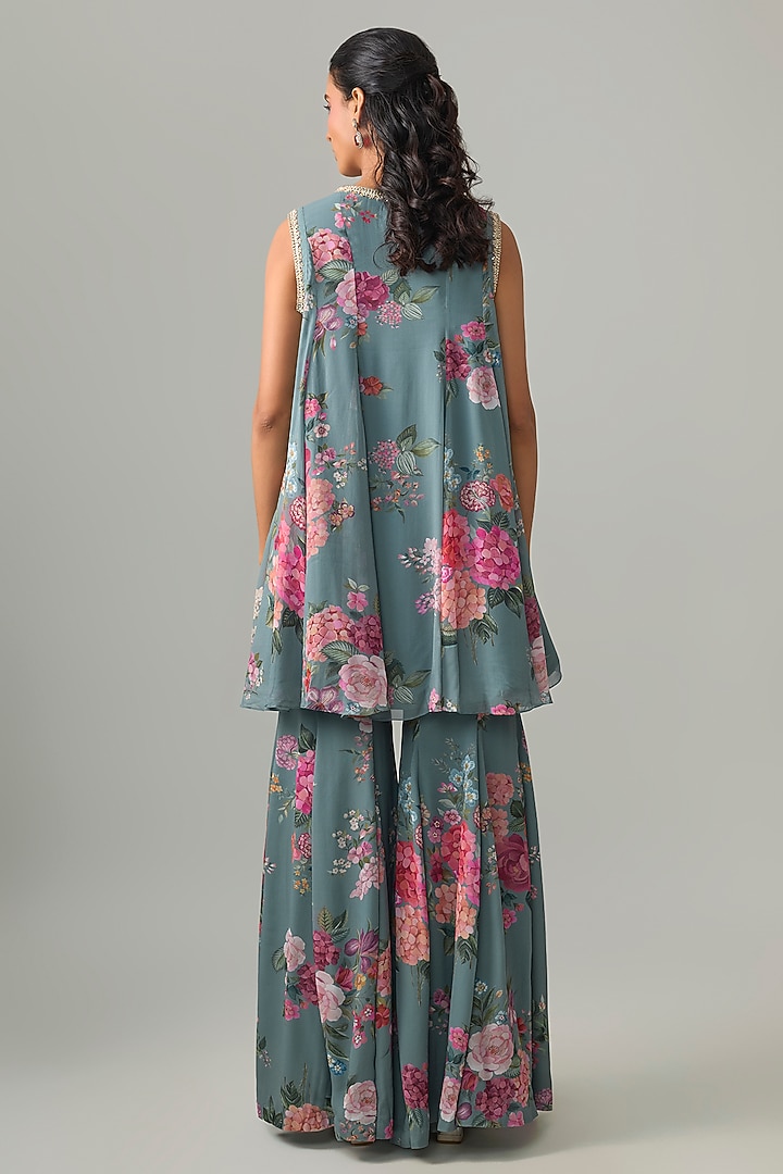 Powder Blue Georgette Printed Gharara Set by Ridhi Mehra at Pernia's Pop Up Shop