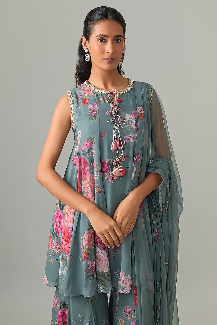 Powder Blue Georgette Printed Gharara Set by Ridhi Mehra at Pernia's Pop Up Shop