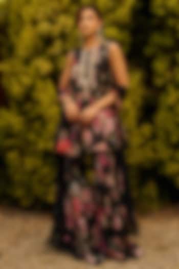 Black Georgette Printed Gharara Set by Ridhi Mehra at Pernia's Pop Up Shop
