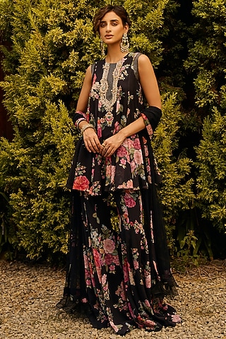 Black Georgette Printed Gharara Set by Ridhi Mehra