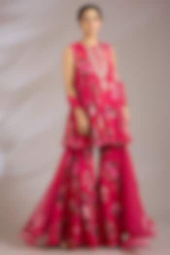 Fuchsia Georgette Printed Gharara Set by Ridhi Mehra at Pernia's Pop Up Shop