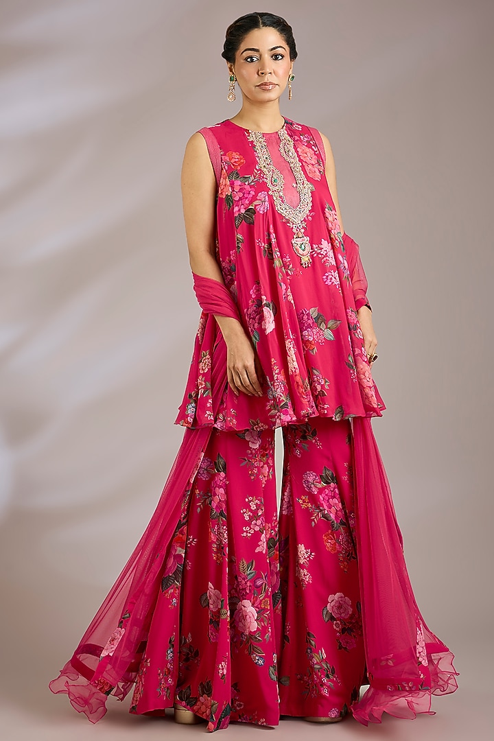 Fuchsia Georgette Printed Gharara Set by Ridhi Mehra at Pernia's Pop Up Shop
