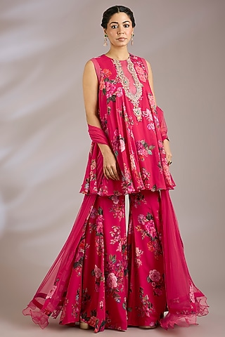 Fuchsia Georgette Printed Gharara Set by Ridhi Mehra