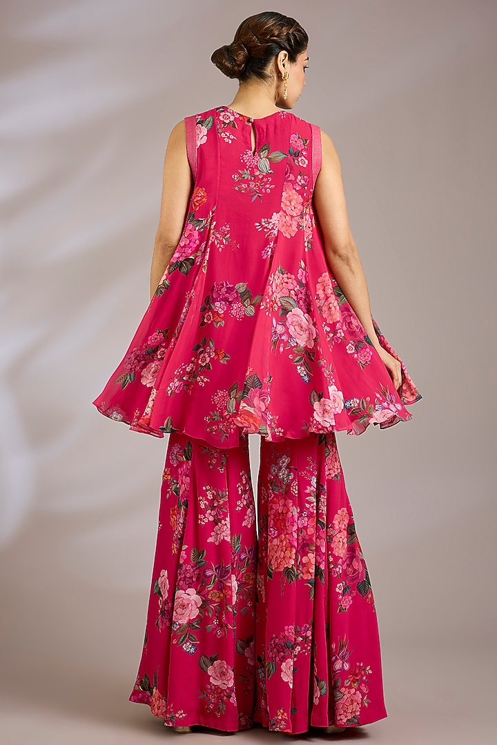 Fuchsia Georgette Printed Gharara Set by Ridhi Mehra at Pernia's Pop Up Shop