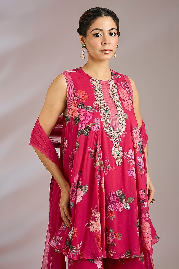 Fuchsia Georgette Printed Gharara Set by Ridhi Mehra at Pernia's Pop Up Shop