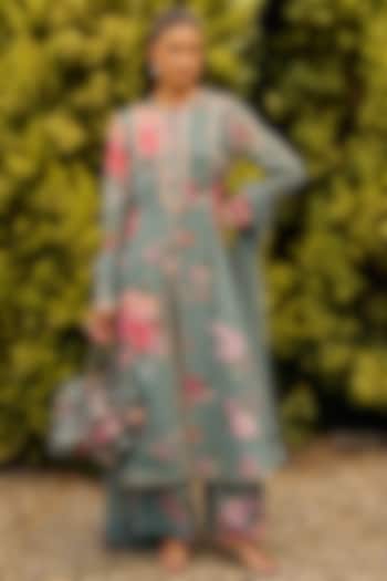 Sage Green Georgette Printed & Embroidered Kurta Set by Ridhi Mehra at Pernia's Pop Up Shop