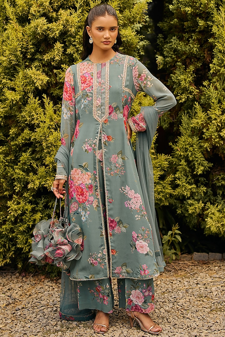Sage Green Georgette Printed & Embroidered Kurta Set by Ridhi Mehra at Pernia's Pop Up Shop