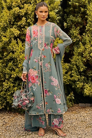 Sage Green Georgette Printed & Embroidered Kurta Set by Ridhi Mehra