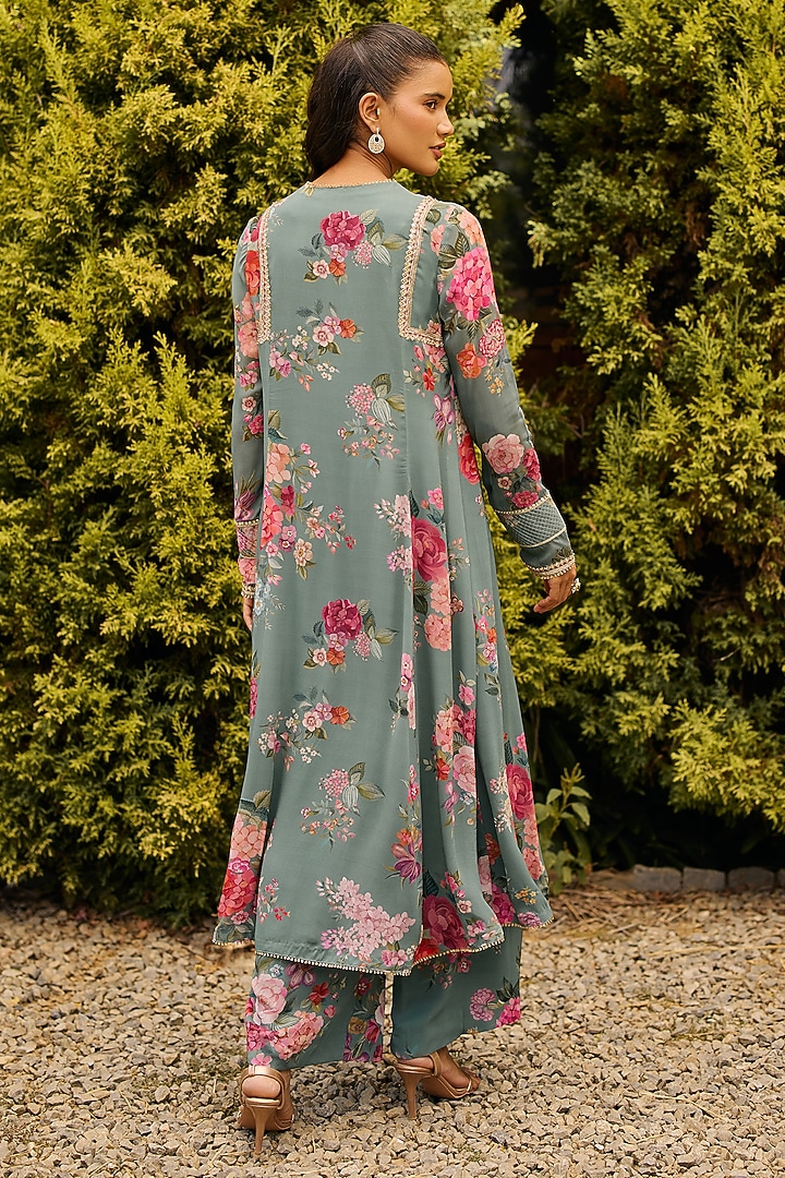 Sage Green Georgette Printed & Embroidered Kurta Set by Ridhi Mehra at Pernia's Pop Up Shop