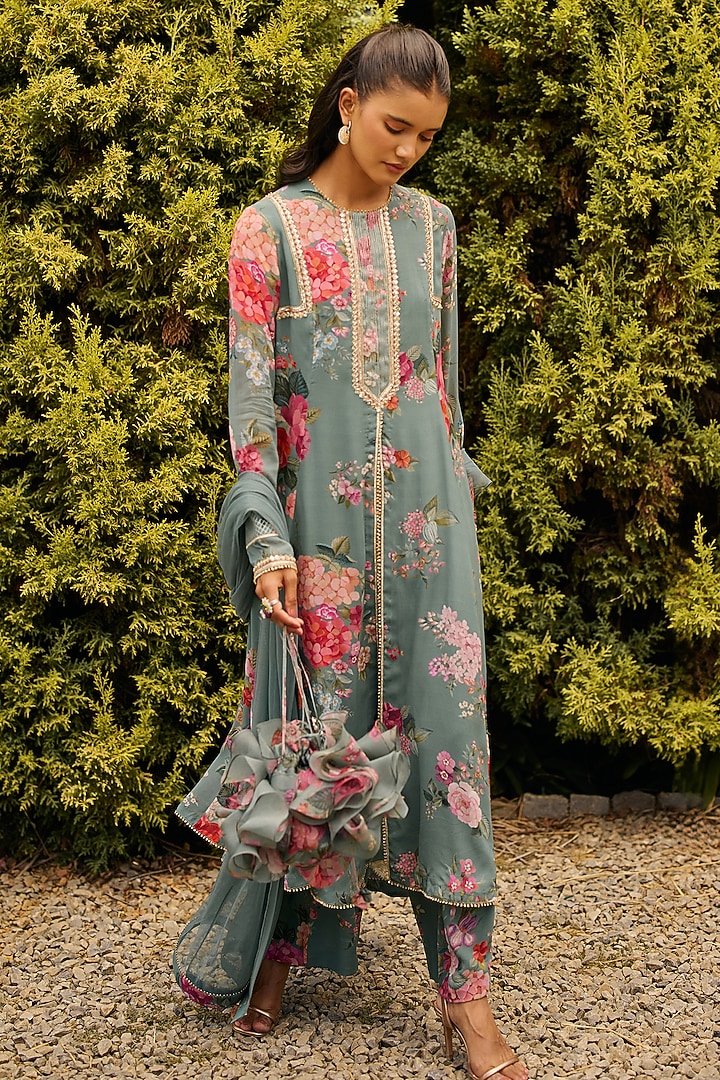 Sage Green Georgette Printed & Embroidered Kurta Set by Ridhi Mehra at Pernia's Pop Up Shop