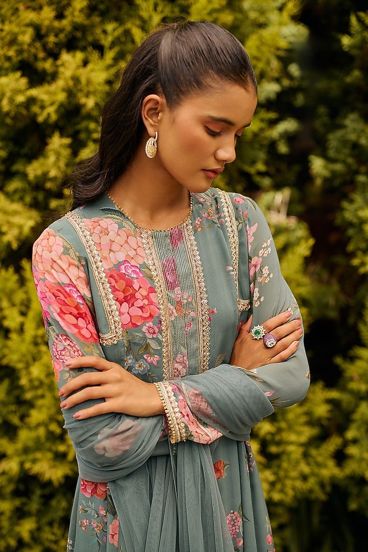Sage Green Georgette Printed & Embroidered Kurta Set by Ridhi Mehra at Pernia's Pop Up Shop