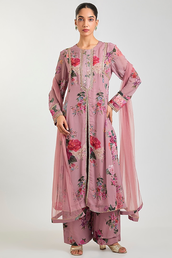 Dusty Pink Georgette Floral Printed Kurta Set by Ridhi Mehra at Pernia's Pop Up Shop
