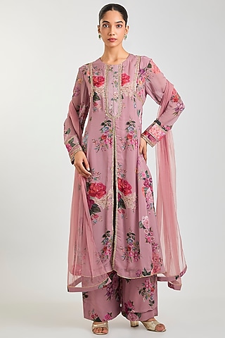 Dusty Pink Georgette Floral Printed Kurta Set by Ridhi Mehra