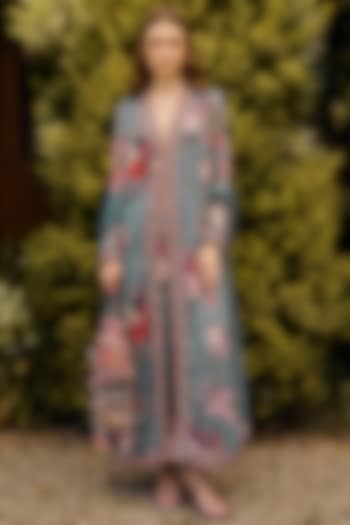 Powder Blue Georgette Printed & Embroidered Kurta Set by Ridhi Mehra at Pernia's Pop Up Shop