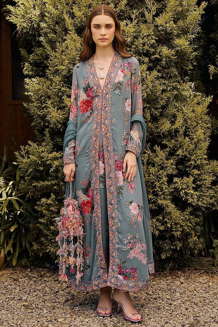 Powder Blue Georgette Printed & Embroidered Kurta Set by Ridhi Mehra at Pernia's Pop Up Shop