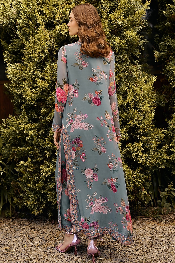 Powder Blue Georgette Printed & Embroidered Kurta Set by Ridhi Mehra at Pernia's Pop Up Shop
