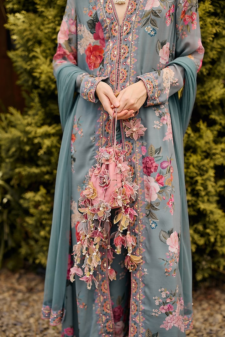 Powder Blue Georgette Printed & Embroidered Kurta Set by Ridhi Mehra at Pernia's Pop Up Shop