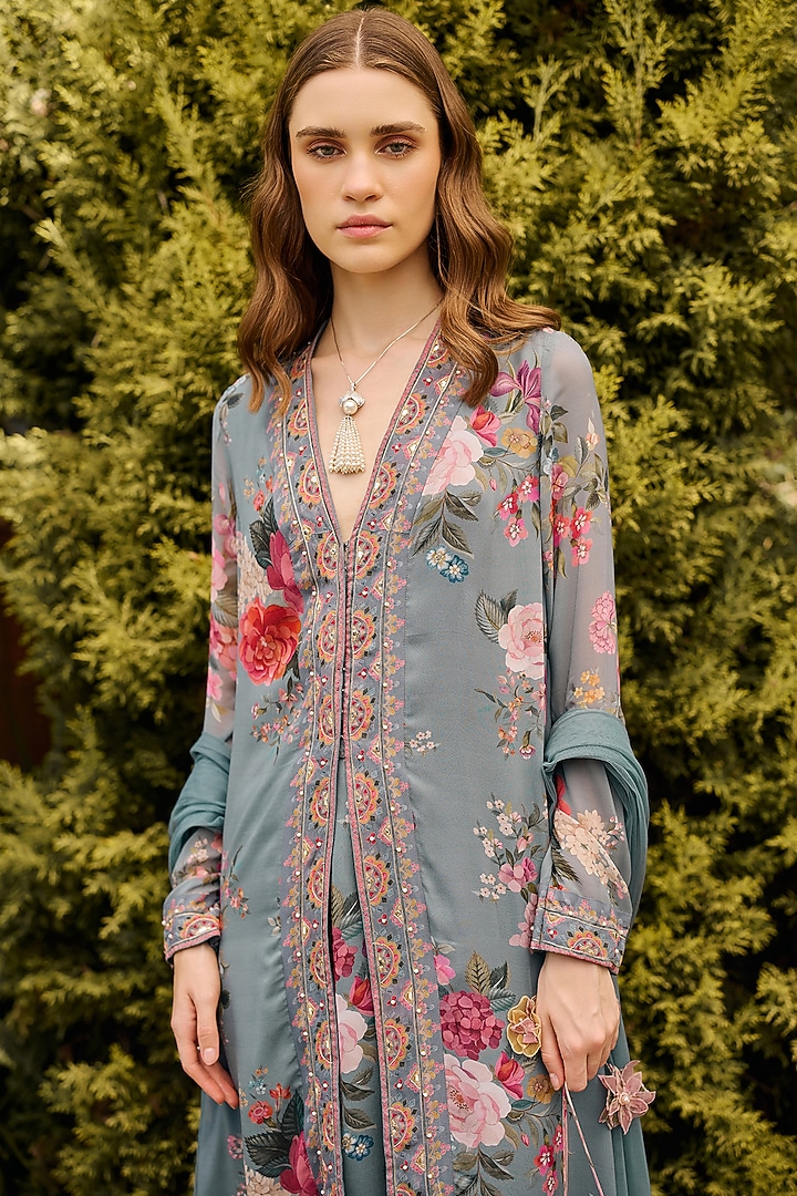 Powder Blue Georgette Printed & Embroidered Kurta Set by Ridhi Mehra at Pernia's Pop Up Shop