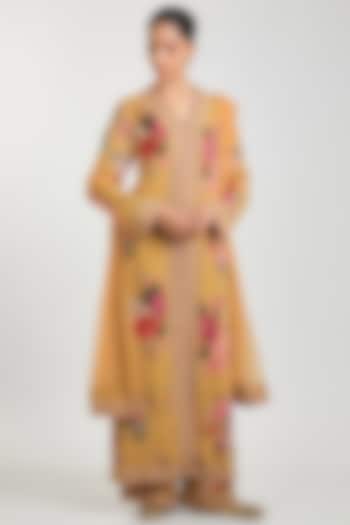 Mustard Yellow Georgette Floral Printed Kurta Set by Ridhi Mehra at Pernia's Pop Up Shop