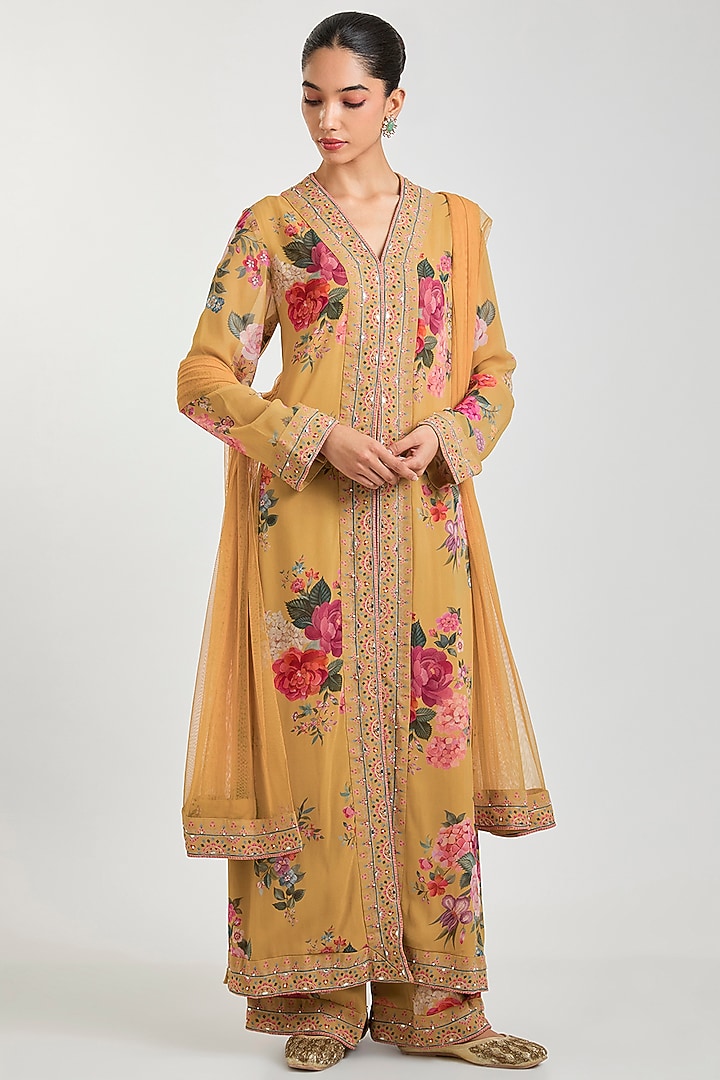 Mustard Yellow Georgette Floral Printed Kurta Set by Ridhi Mehra at Pernia's Pop Up Shop