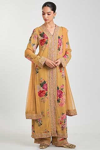 Mustard Yellow Georgette Floral Printed Kurta Set by Ridhi Mehra