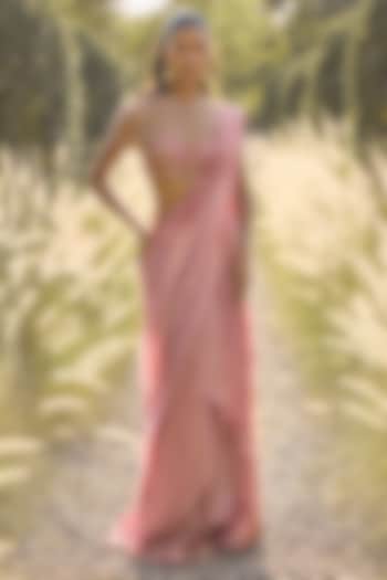 Fuchsia Tissue Draped Reception Saree Set by Ridhi Mehra at Pernia's Pop Up Shop