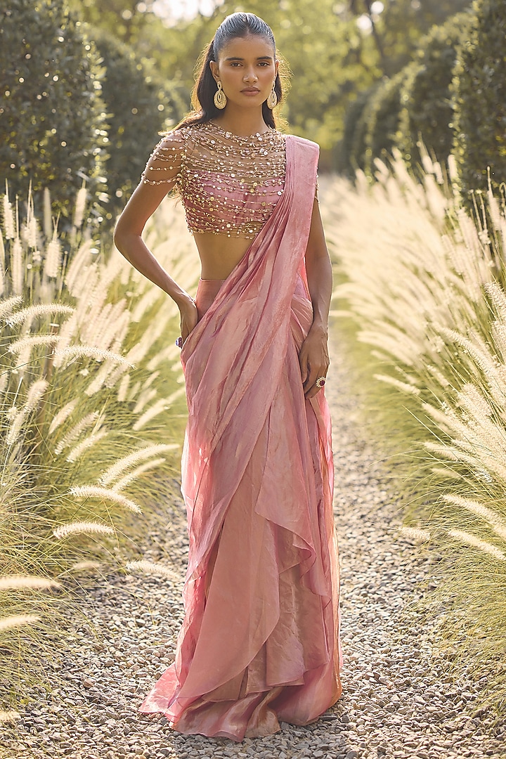 Fuchsia Tissue Draped Reception Saree Set by Ridhi Mehra at Pernia's Pop Up Shop
