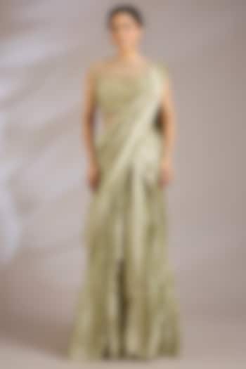 Mint Green Tissue Draped Reception Saree Set by Ridhi Mehra at Pernia's Pop Up Shop