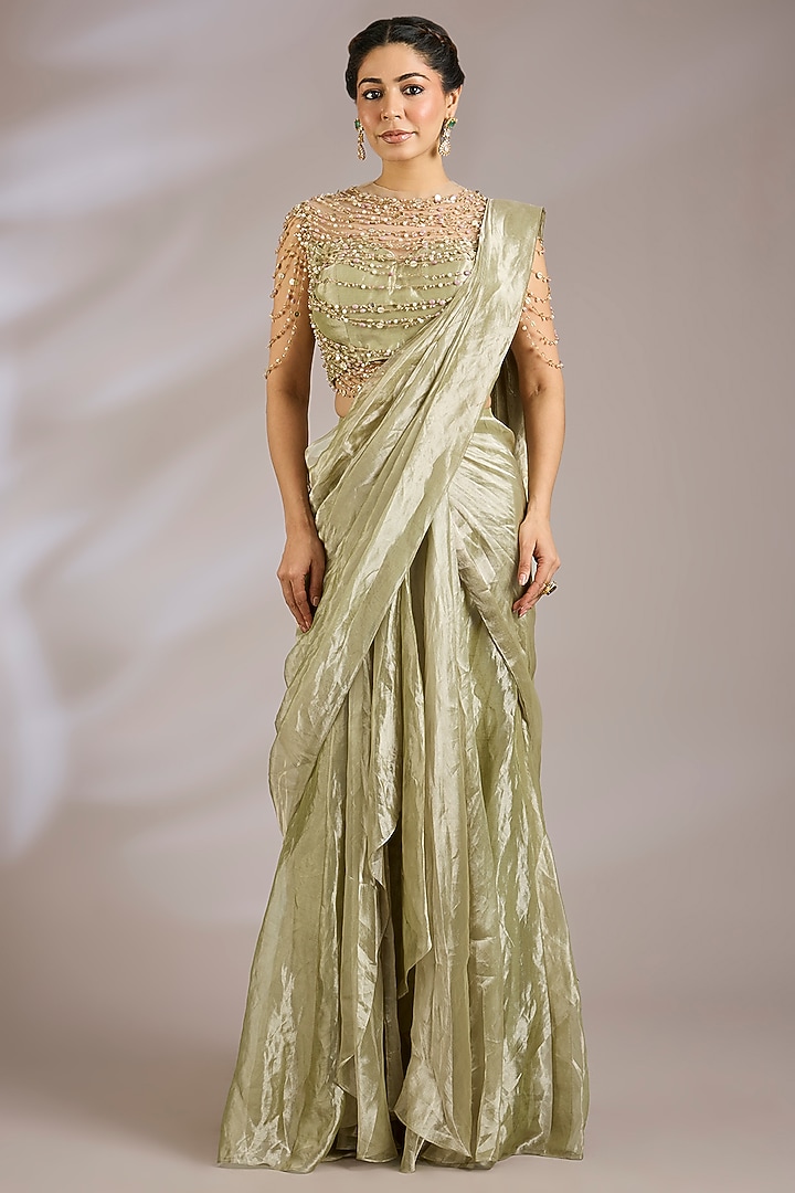 Mint Green Tissue Draped Reception Saree Set by Ridhi Mehra at Pernia's Pop Up Shop