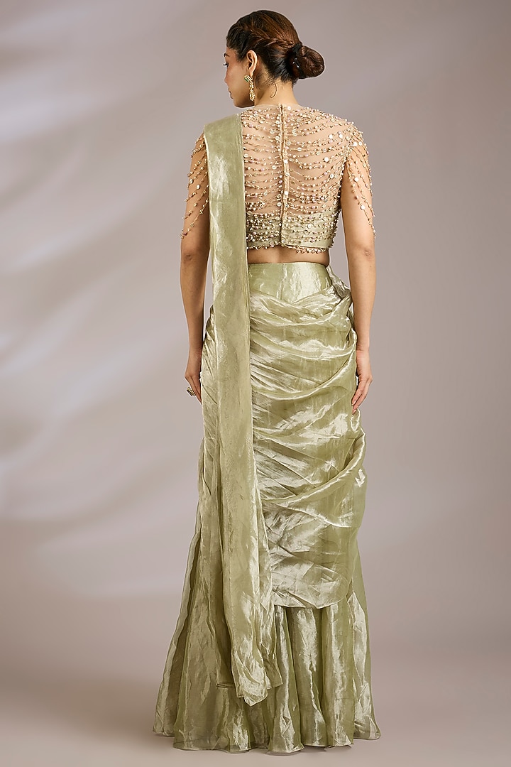 Mint Green Tissue Draped Reception Saree Set by Ridhi Mehra at Pernia's Pop Up Shop