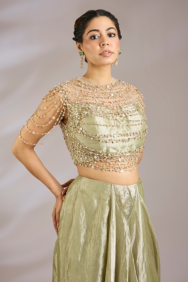 Mint Green Tissue Draped Reception Saree Set by Ridhi Mehra at Pernia's Pop Up Shop