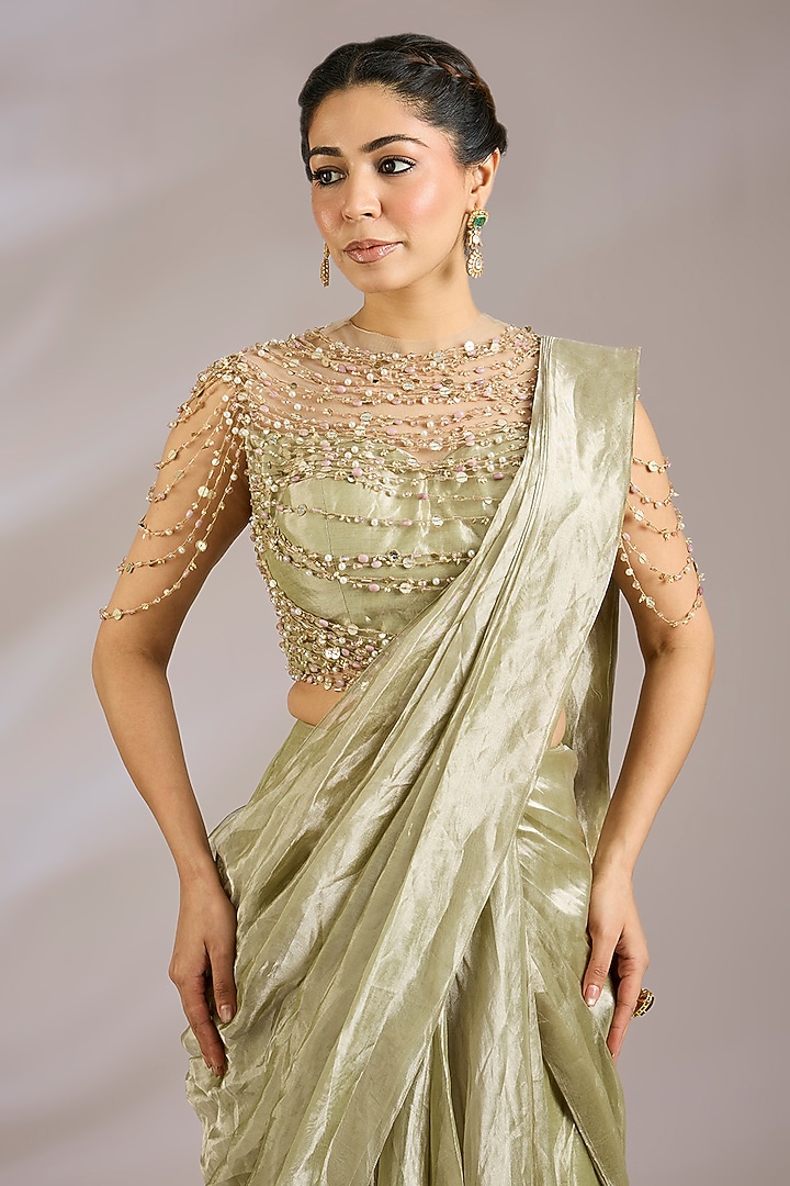 Mint Green Tissue Draped Reception Saree Set by Ridhi Mehra at Pernia's Pop Up Shop