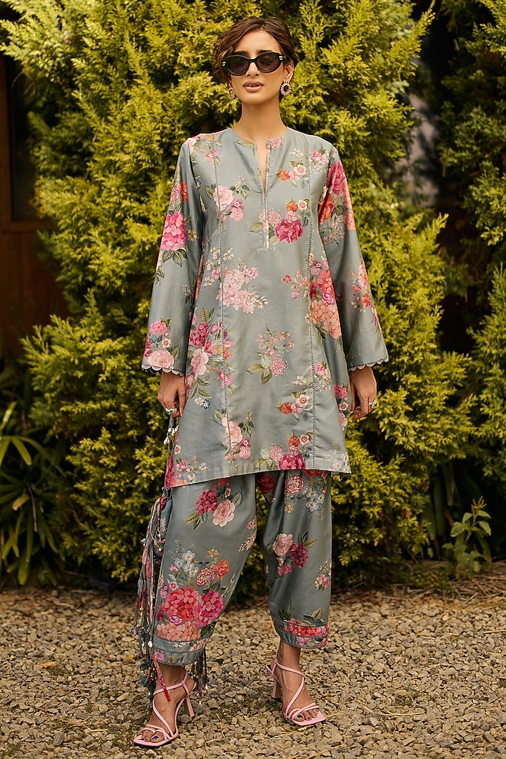 Powder Blue Chanderi Printed Straight Kurta Set by Ridhi Mehra at Pernia's Pop Up Shop
