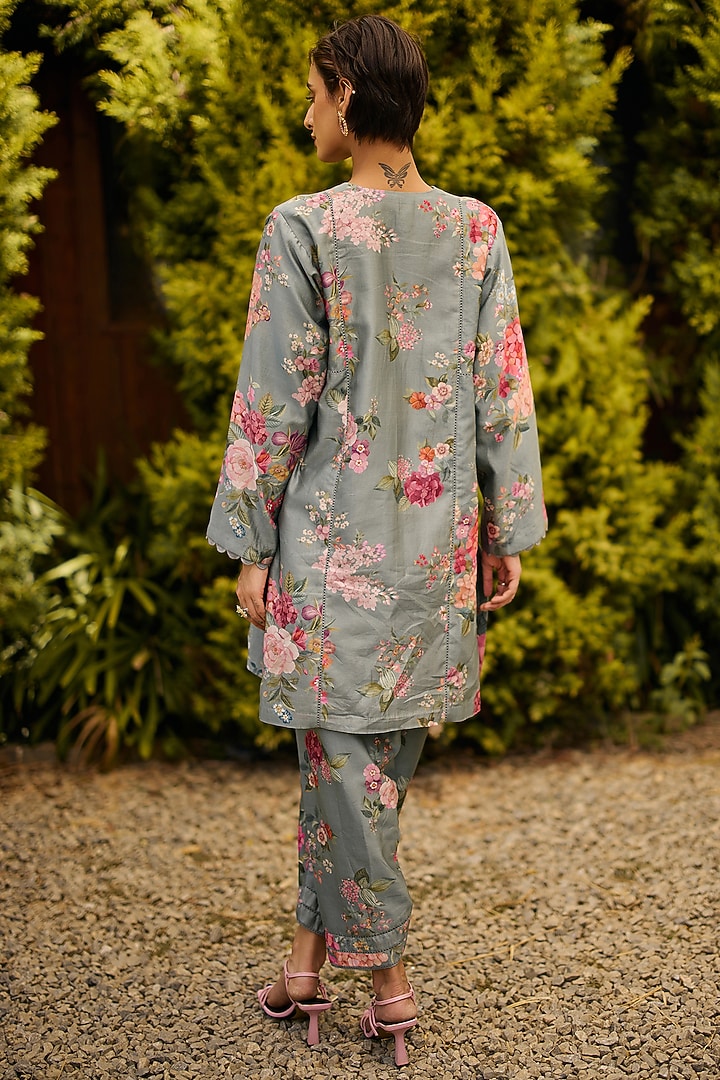 Powder Blue Chanderi Printed Straight Kurta Set by Ridhi Mehra at Pernia's Pop Up Shop