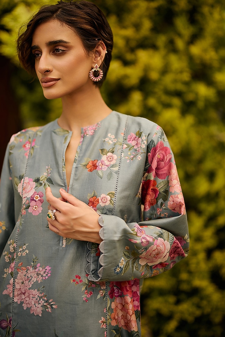 Powder Blue Chanderi Printed Straight Kurta Set by Ridhi Mehra at Pernia's Pop Up Shop