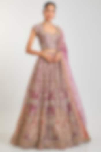 Fuchsia & Rust Tissue Zari Embroidered Bridal Lehenga Set by Ridhi Mehra at Pernia's Pop Up Shop