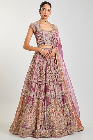 Fuchsia & Rust Tissue Zari Embroidered Lehenga Set by Ridhi Mehra