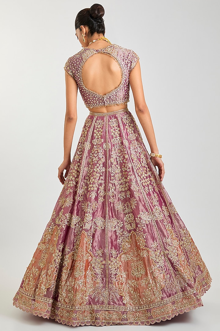 Fuchsia & Rust Tissue Zari Embroidered Bridal Lehenga Set by Ridhi Mehra at Pernia's Pop Up Shop