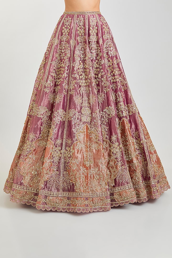 Fuchsia & Rust Tissue Zari Embroidered Bridal Lehenga Set by Ridhi Mehra at Pernia's Pop Up Shop