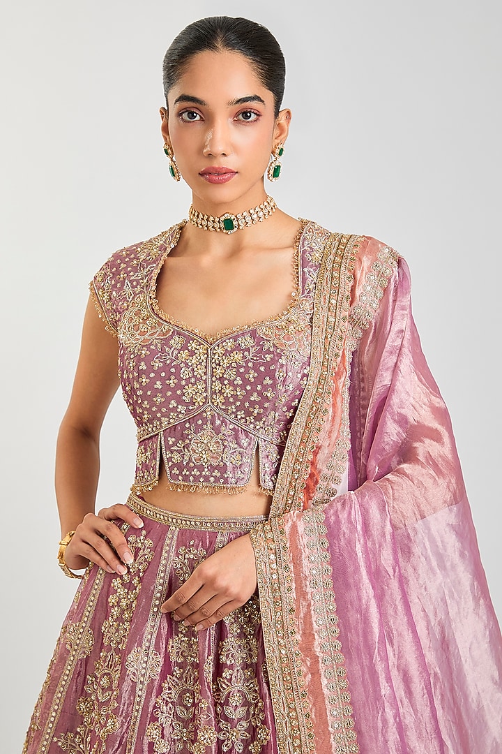 Fuchsia & Rust Tissue Zari Embroidered Bridal Lehenga Set by Ridhi Mehra at Pernia's Pop Up Shop