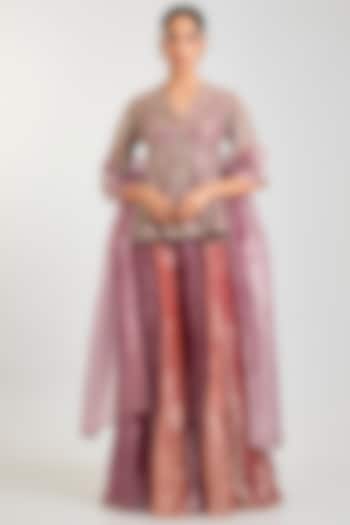 Fuchsia & Rust Organza Embroidered Bridal Sharara Set by Ridhi Mehra at Pernia's Pop Up Shop