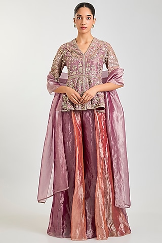 Fuchsia & Rust Organza Embroidered Sharara Set by Ridhi Mehra