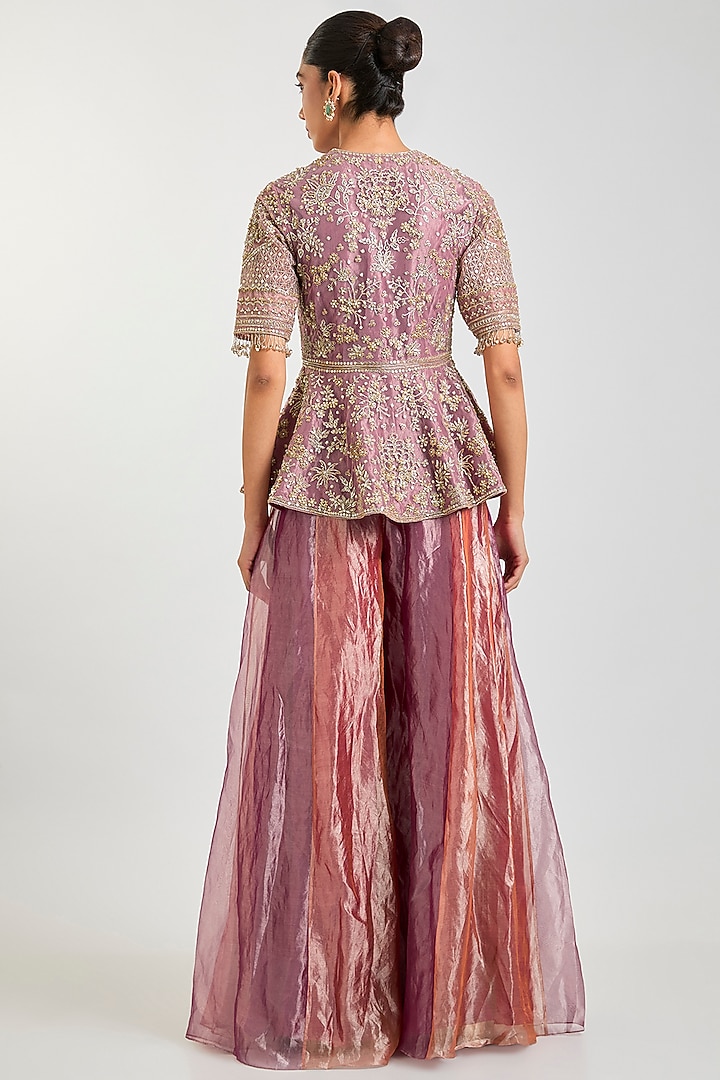 Fuchsia & Rust Organza Embroidered Bridal Sharara Set by Ridhi Mehra at Pernia's Pop Up Shop