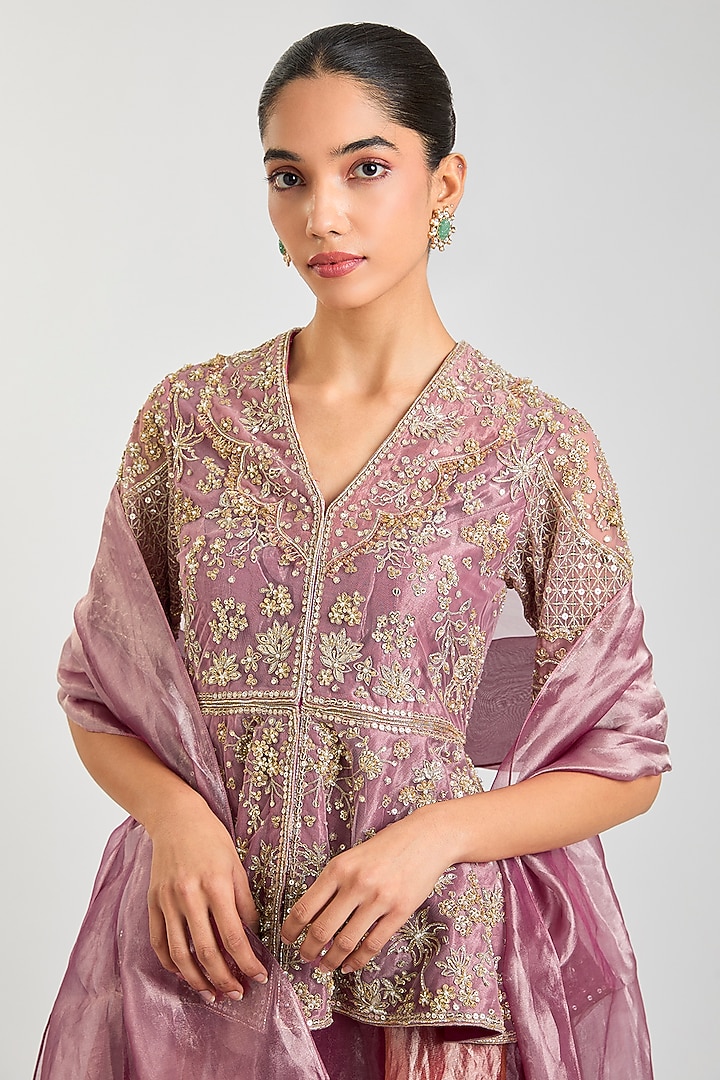 Fuchsia & Rust Organza Embroidered Bridal Sharara Set by Ridhi Mehra at Pernia's Pop Up Shop