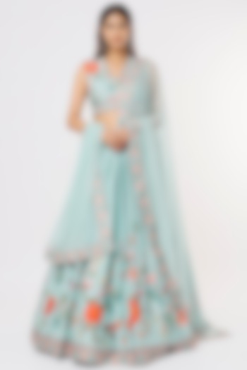 Sea Green Embroidered & Printed Wedding Lehenga Set by Ridhi Mehra at Pernia's Pop Up Shop