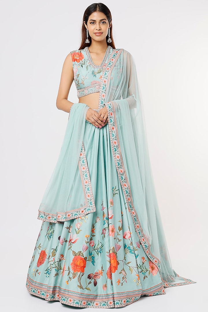 Sea Green Embroidered & Printed Wedding Lehenga Set by Ridhi Mehra at Pernia's Pop Up Shop