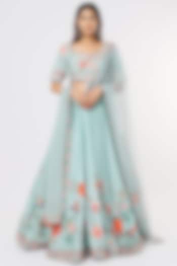 Sea Green Wedding Lehenga Set With Print & Embroidery by Ridhi Mehra at Pernia's Pop Up Shop