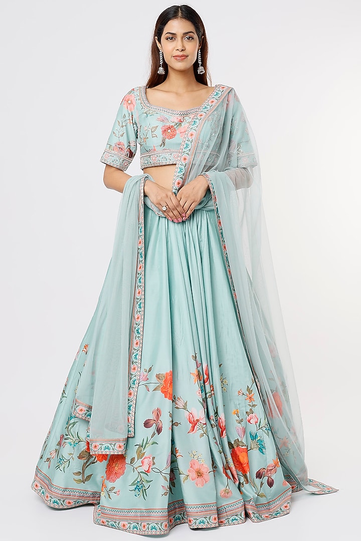 Sea Green Wedding Lehenga Set With Print & Embroidery by Ridhi Mehra at Pernia's Pop Up Shop