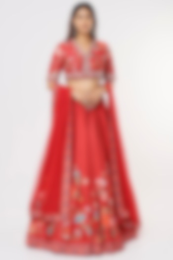 Fiery Red Printed & Embroidered Lehenga Set by Ridhi Mehra