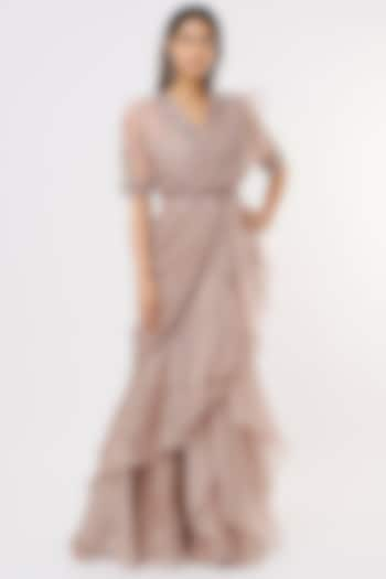 Deep Champagne Chiffon & Organza Ruffled Draped Saree Set by Ridhi Mehra at Pernia's Pop Up Shop